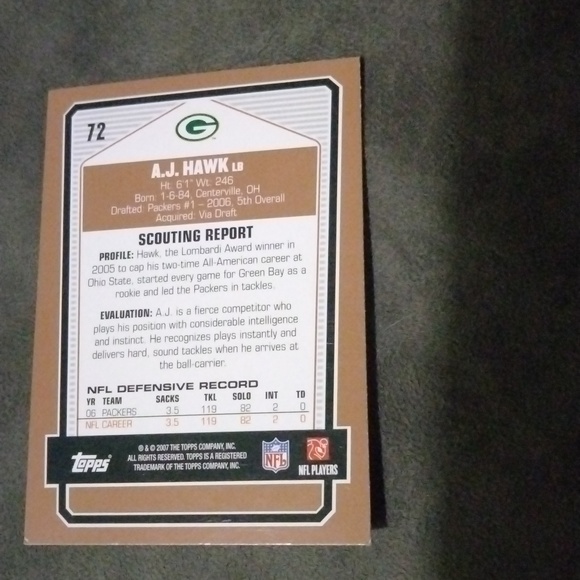 AJ hawk rookie Topps dpp 2007 green Bay Packers - Picture 2 of 2